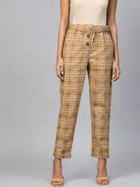 Women Beige Check Tapered Twiil Pants