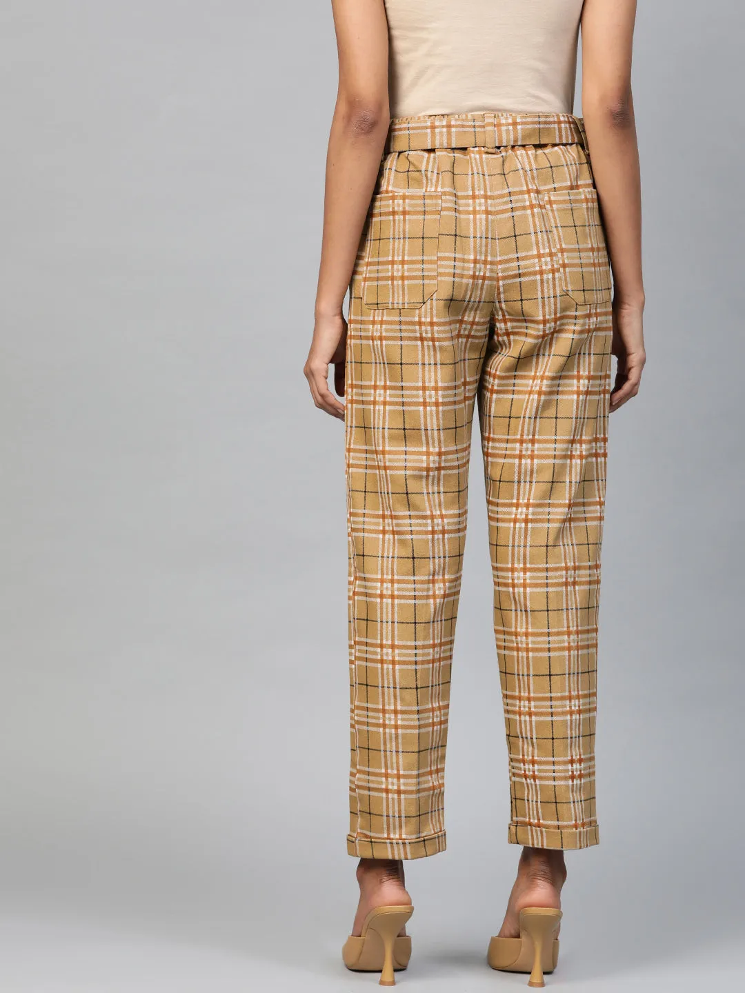 Women Beige Check Tapered Twiil Pants