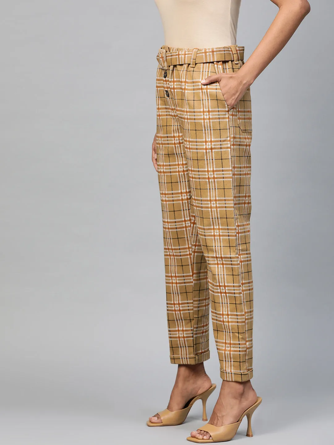 Women Beige Check Tapered Twiil Pants