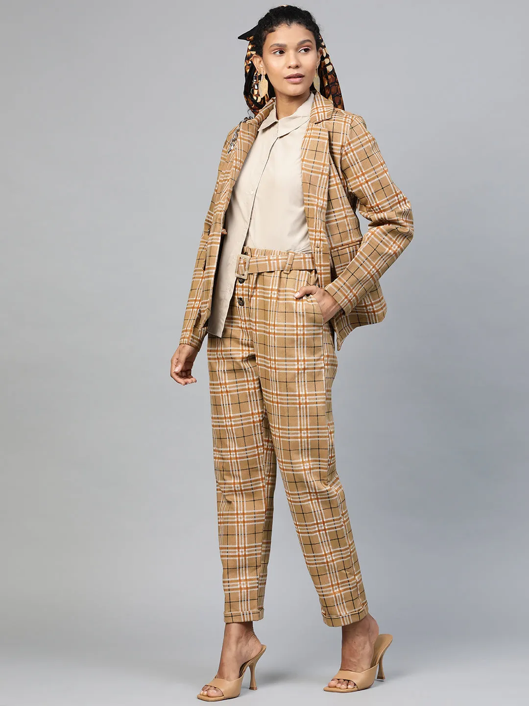 Women Beige Check Tapered Twiil Pants