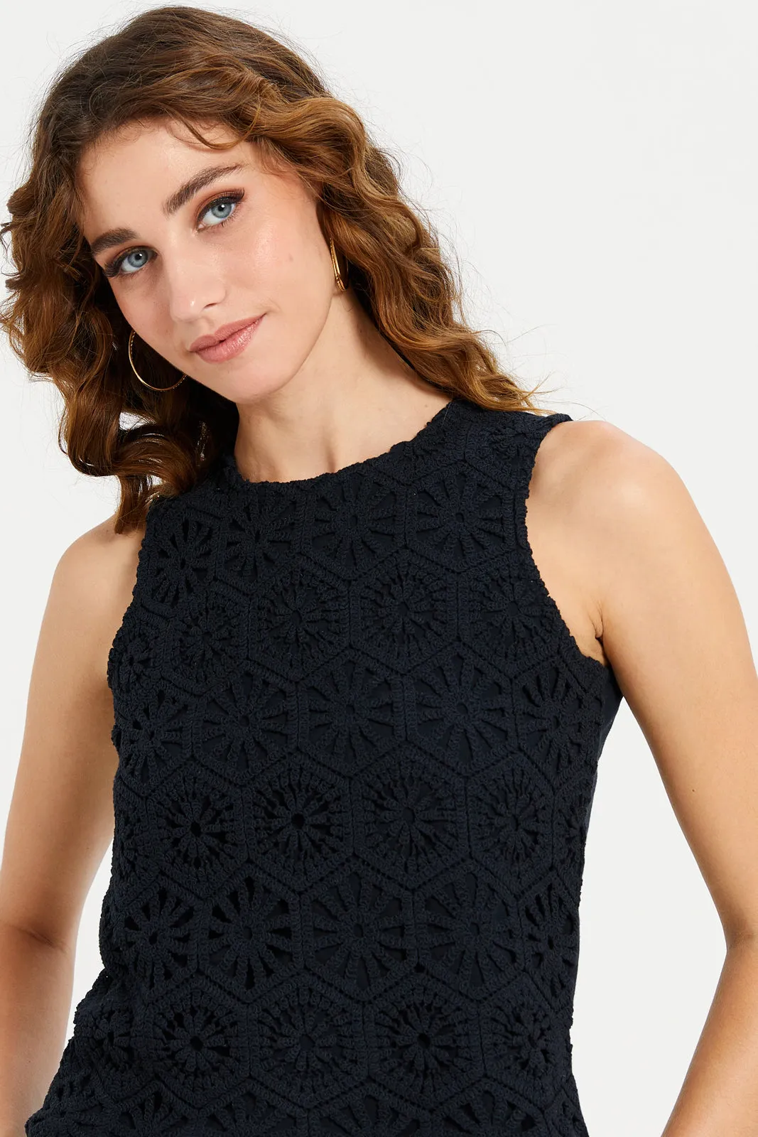 Women Black Crochet Front Lined Jersey Top