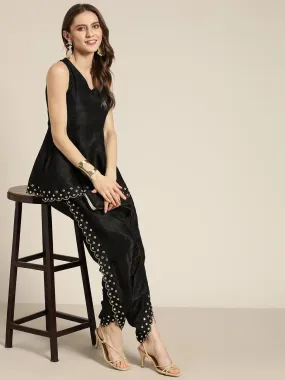 Women Black Mirror Embroidered Dhoti Pants