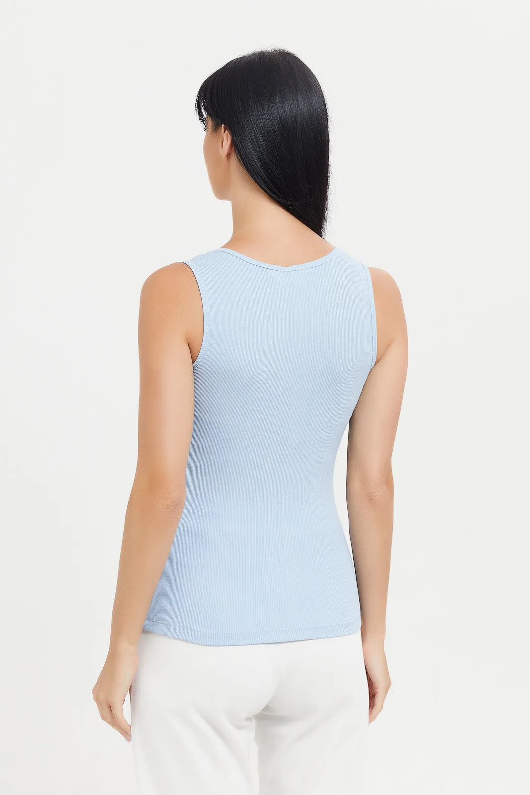 Women Blue Plain Ribbed Vest