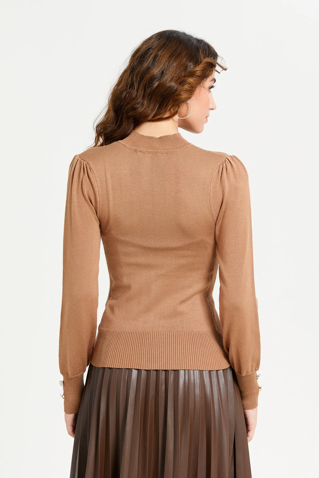 Women Brown Textured Knit High Neck Top