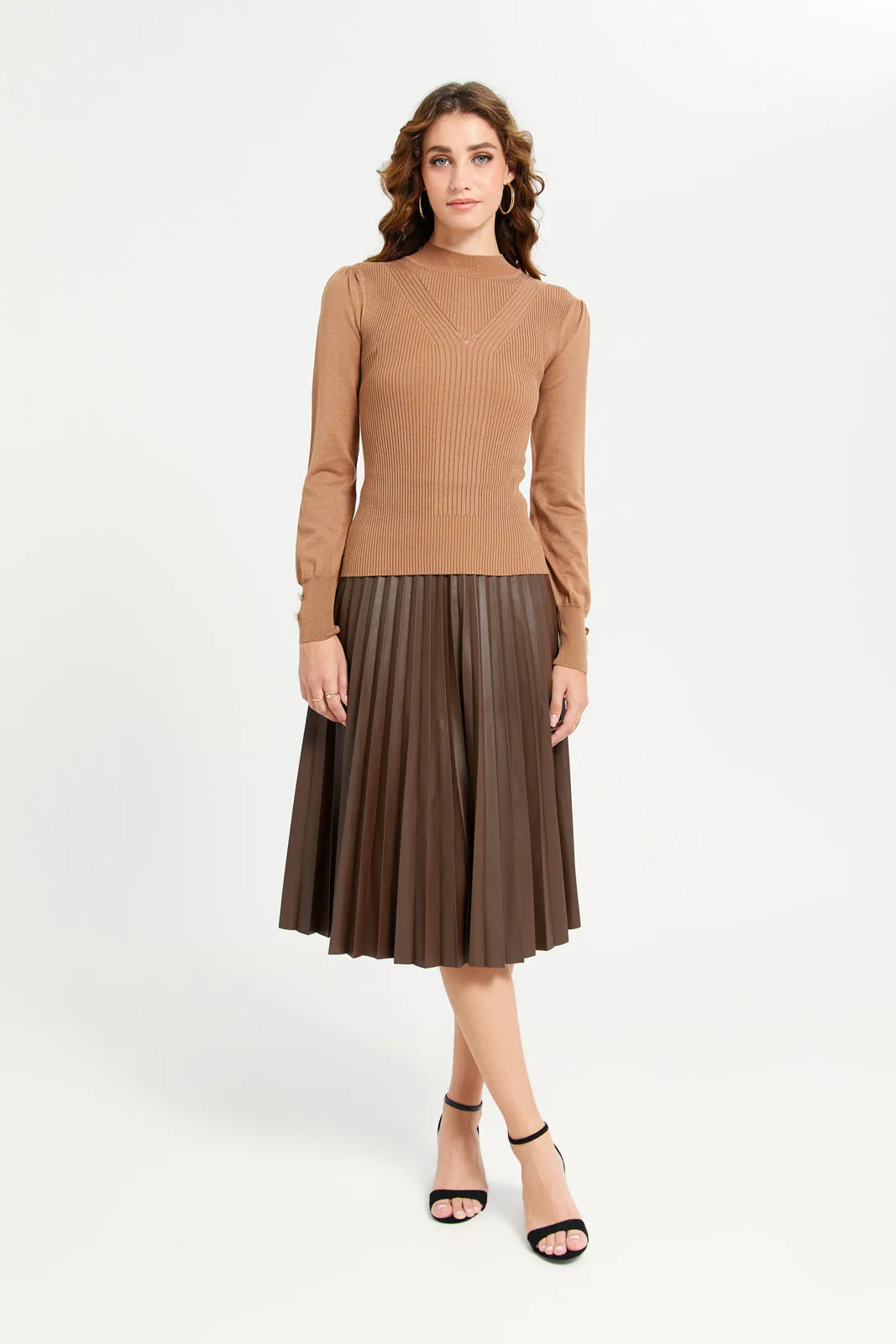 Women Brown Textured Knit High Neck Top