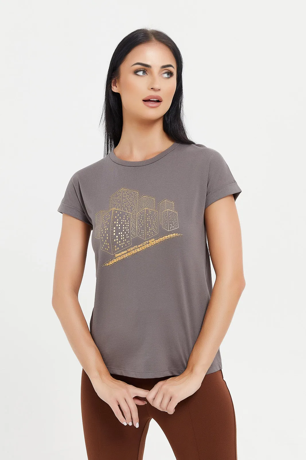 Women Charcoal Embellished T-Shirt