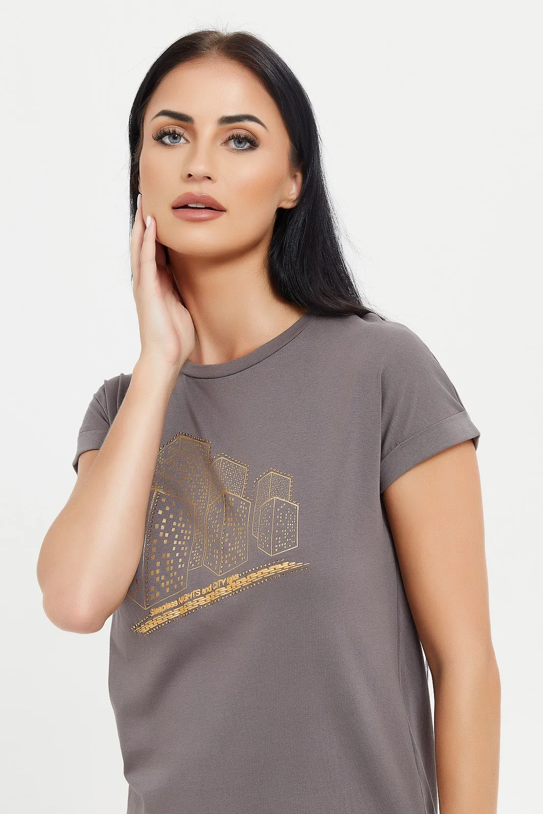 Women Charcoal Embellished T-Shirt