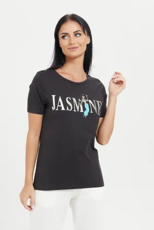 Women Charcoal Jasmine Printed T-Shirt