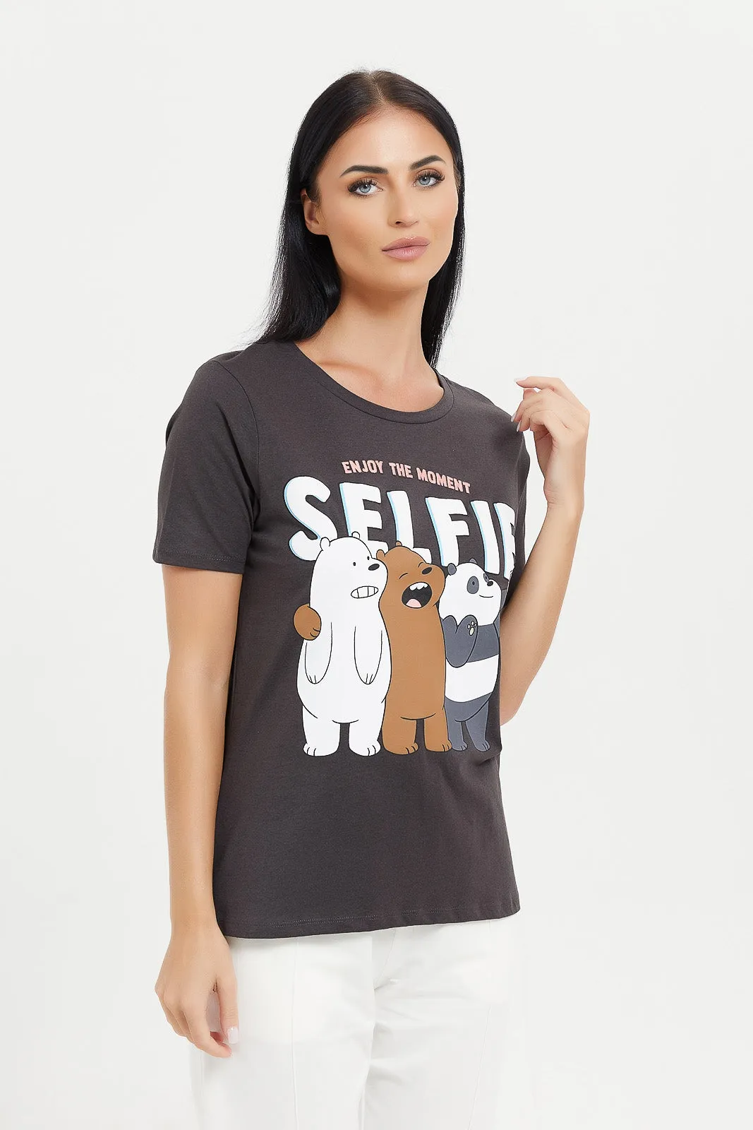 Women Charcoal We Bare Bear Printed T-Shirt