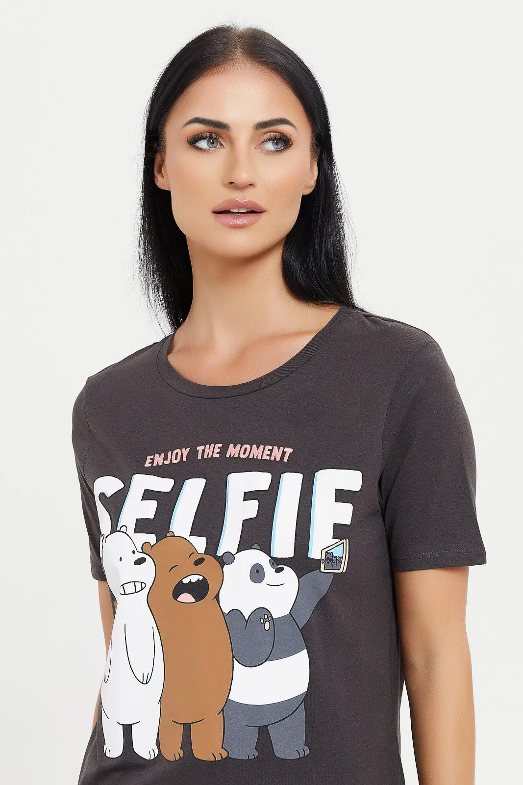 Women Charcoal We Bare Bear Printed T-Shirt