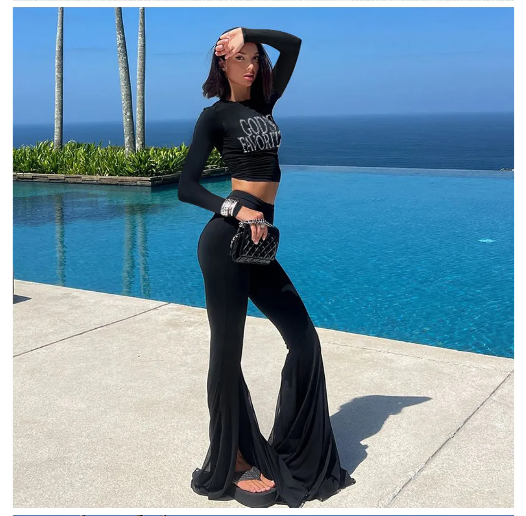 Women Clothing Autumn Letter Graphic Rhinestone Slim Fit Cropped Top Tight High Waist Bell Bottom Pants Sets