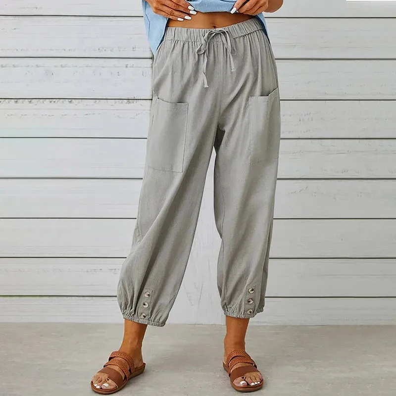 Women Cotton Linen Pants 2023 Autumn Solid Color Elastic Waist Loose Straight Trousers Female Harajuku High Waist Wide Leg Pants