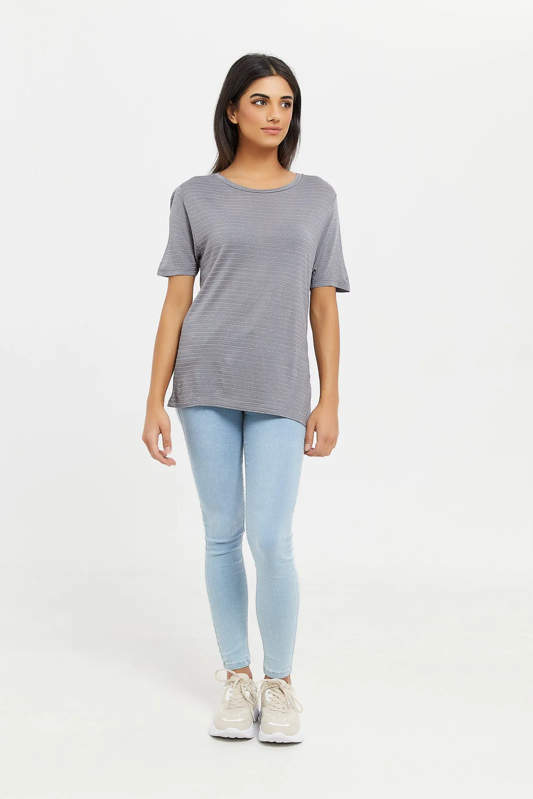 Women Grey Striped Metallic T-Shirt