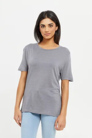 Women Grey Striped Metallic T-Shirt