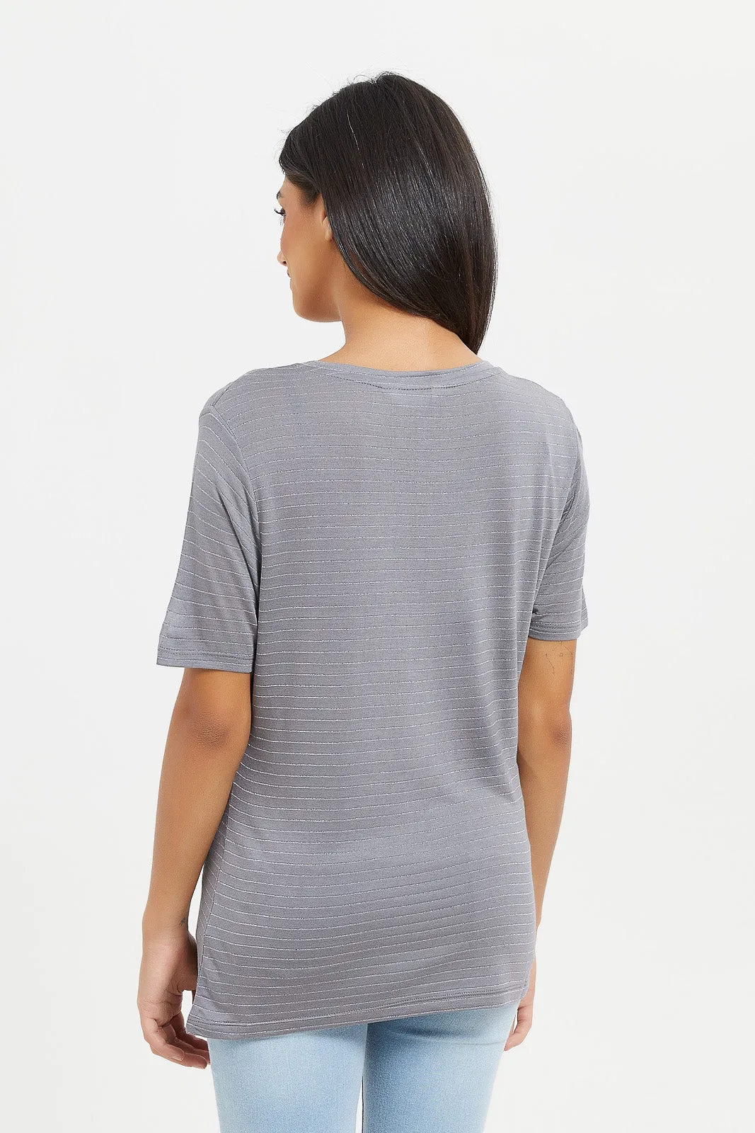 Women Grey Striped Metallic T-Shirt