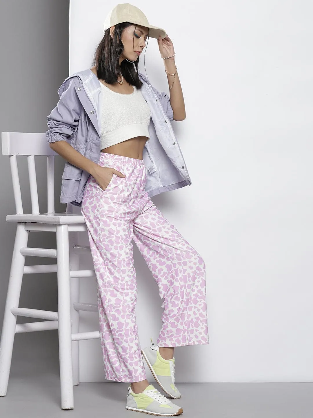 Women Lavender Cow Print Straight Pants