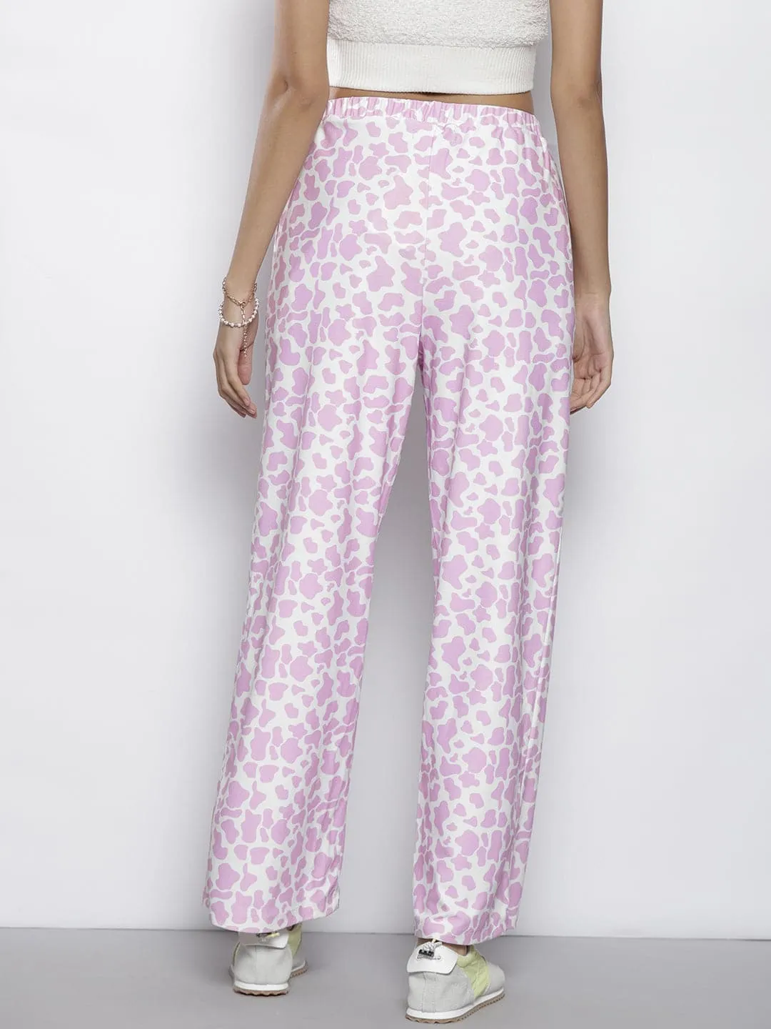 Women Lavender Cow Print Straight Pants