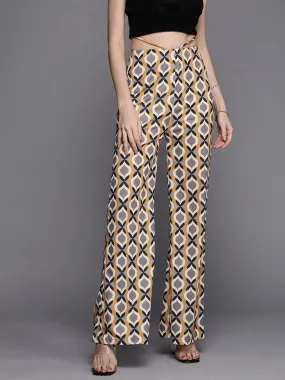 Women Mustard Geometric Waist Tie Bellbottom Pants