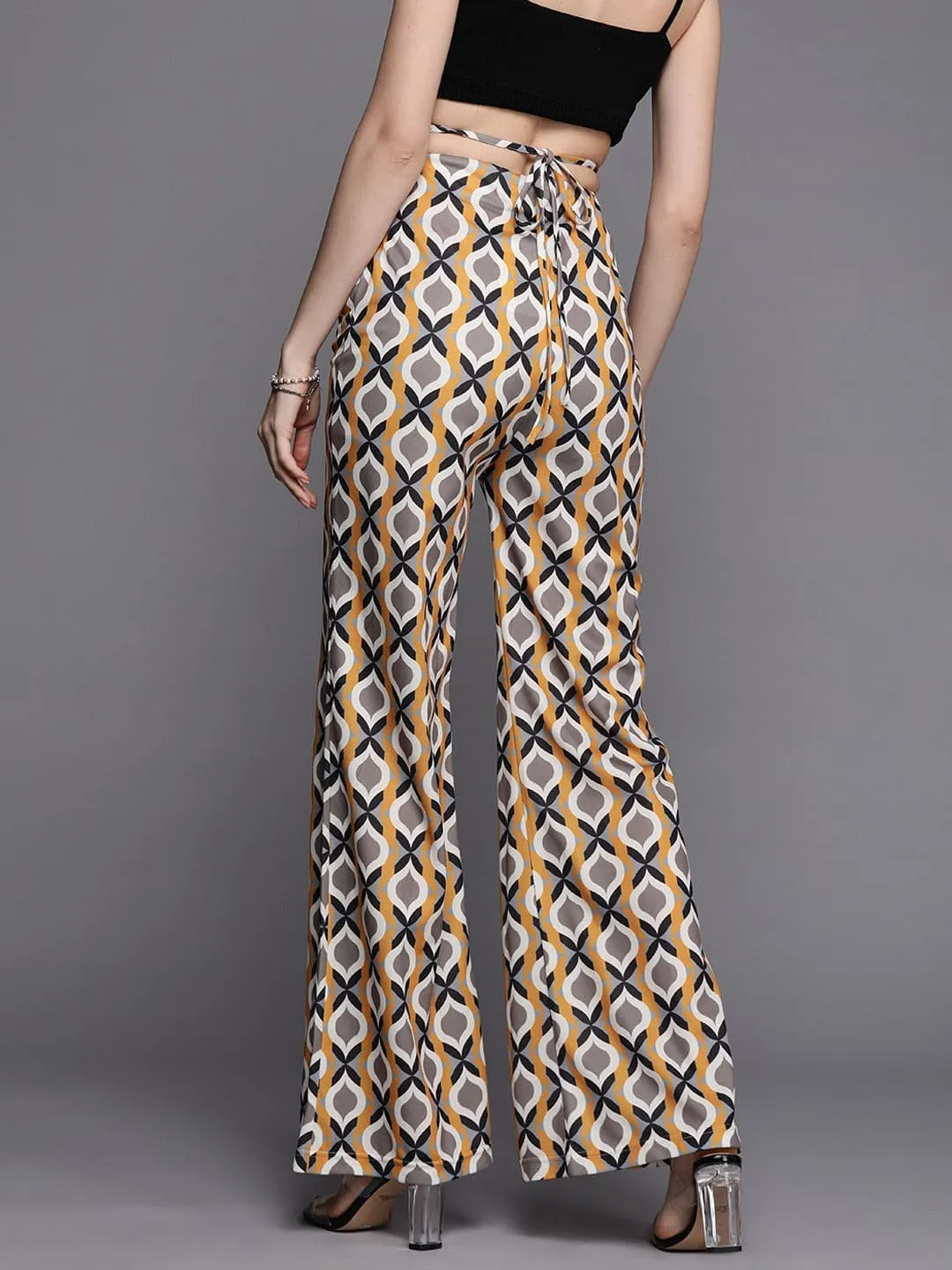 Women Mustard Geometric Waist Tie Bellbottom Pants