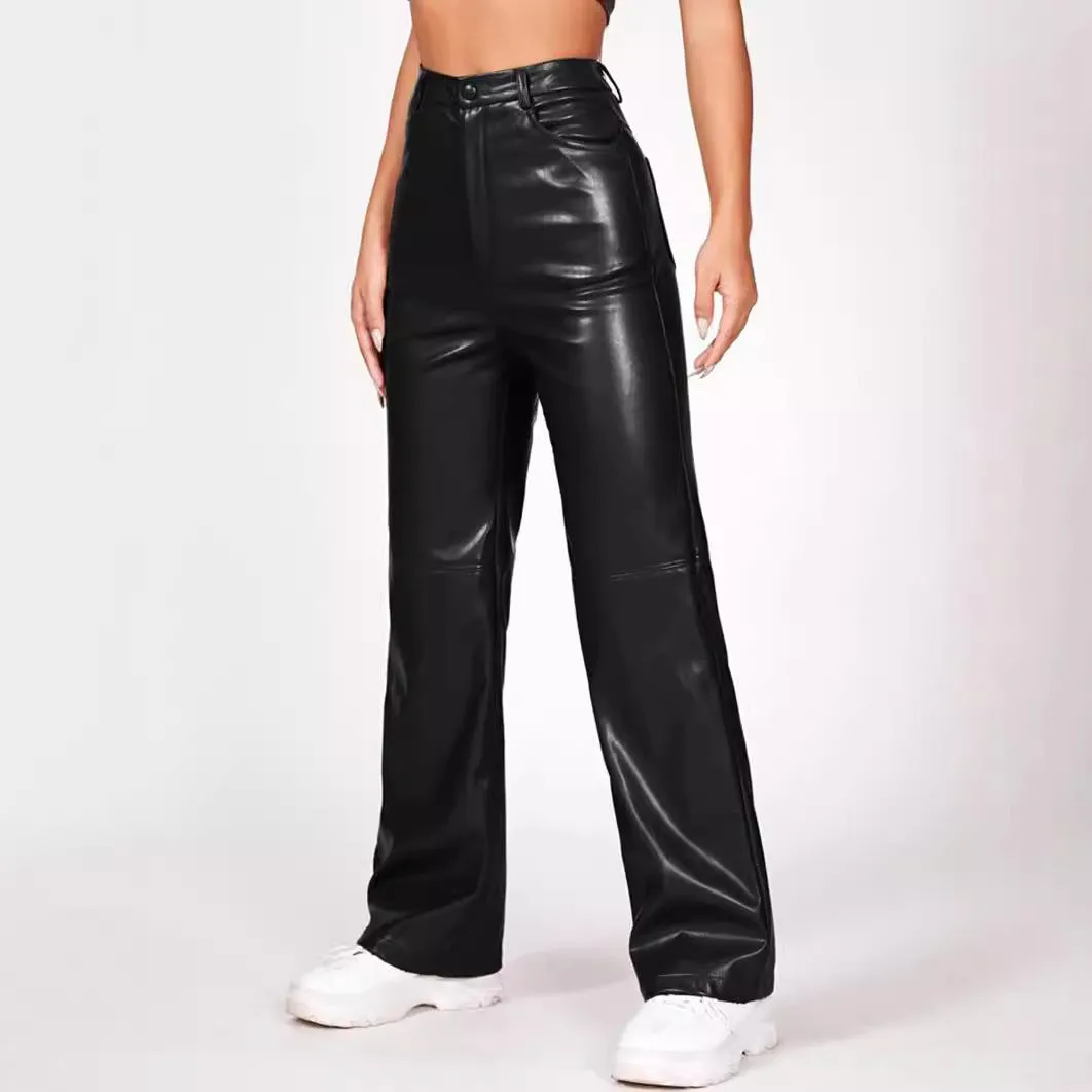 Women Pants High Waist Trousers Button Faux Leather Pocket Straight Leather Pants Autumn Winter