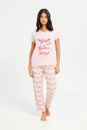 Women Pink Printed Round Neck Pyjama Set (2 Piece)