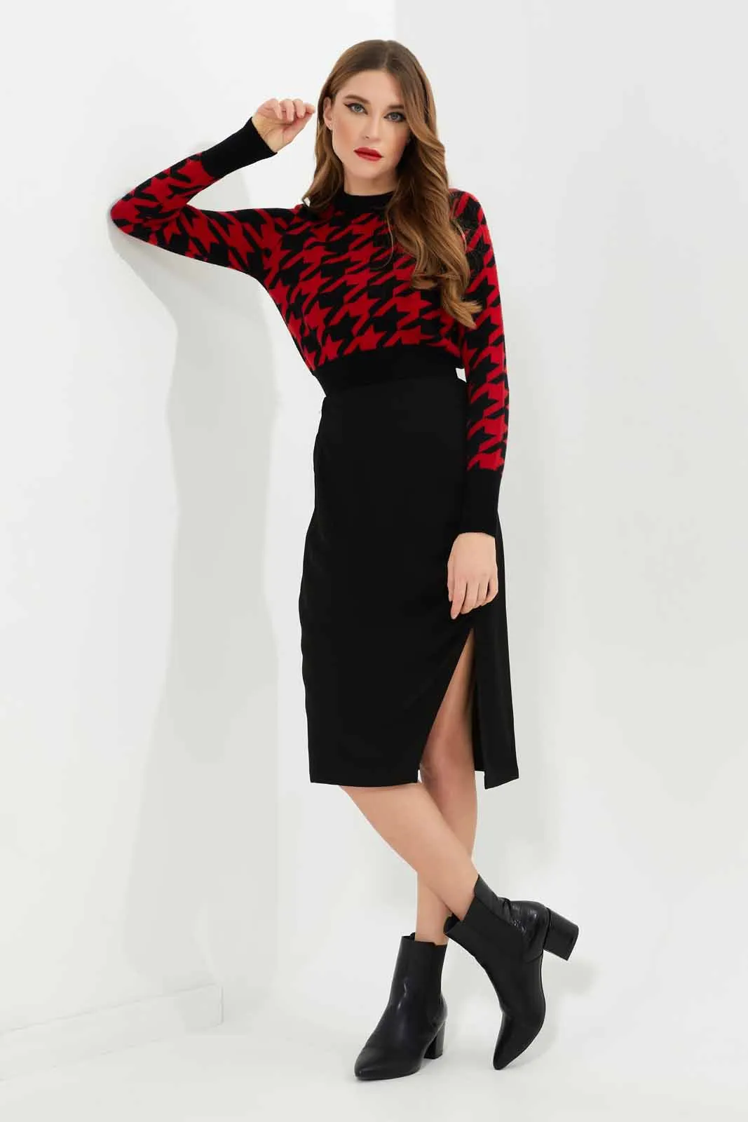 Women Red And Black Printed Pullover