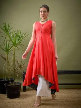 Women Red High Low Anarkali Maxi Dress