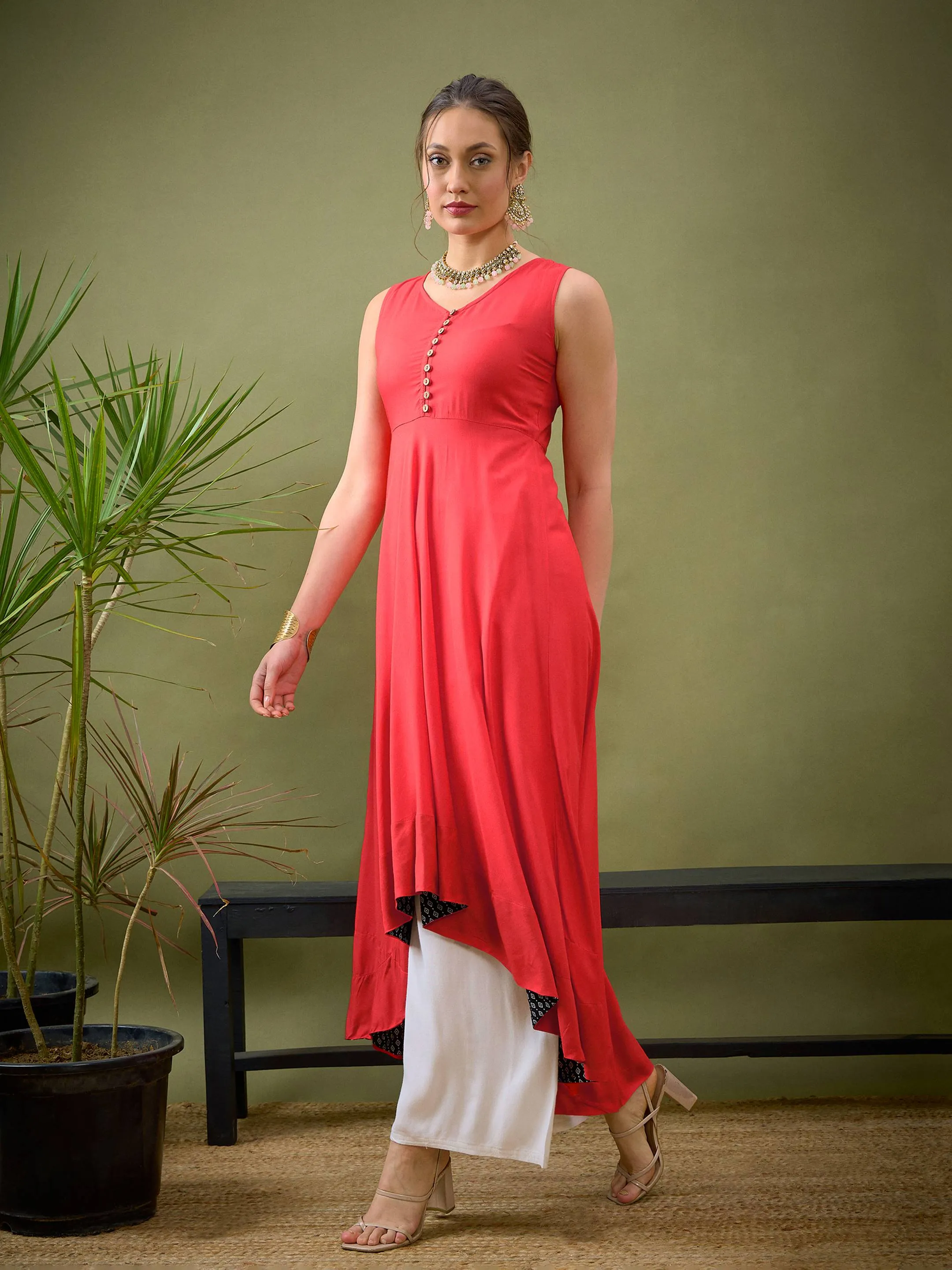 Women Red High Low Anarkali Maxi Dress