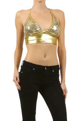 Womens Crop Top Sequin Shiny Metallic Lame Sparkling Sexy Club