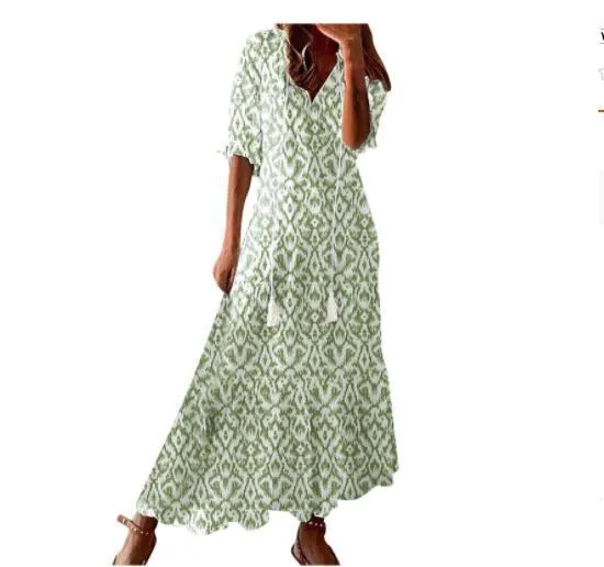 Women's Loose V-neck Bohemian Style Print Dress Mid Waist Long-sleeved Dress