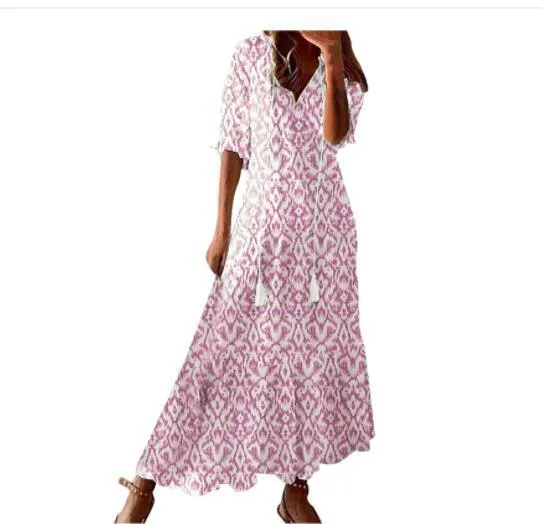 Women's Loose V-neck Bohemian Style Print Dress Mid Waist Long-sleeved Dress