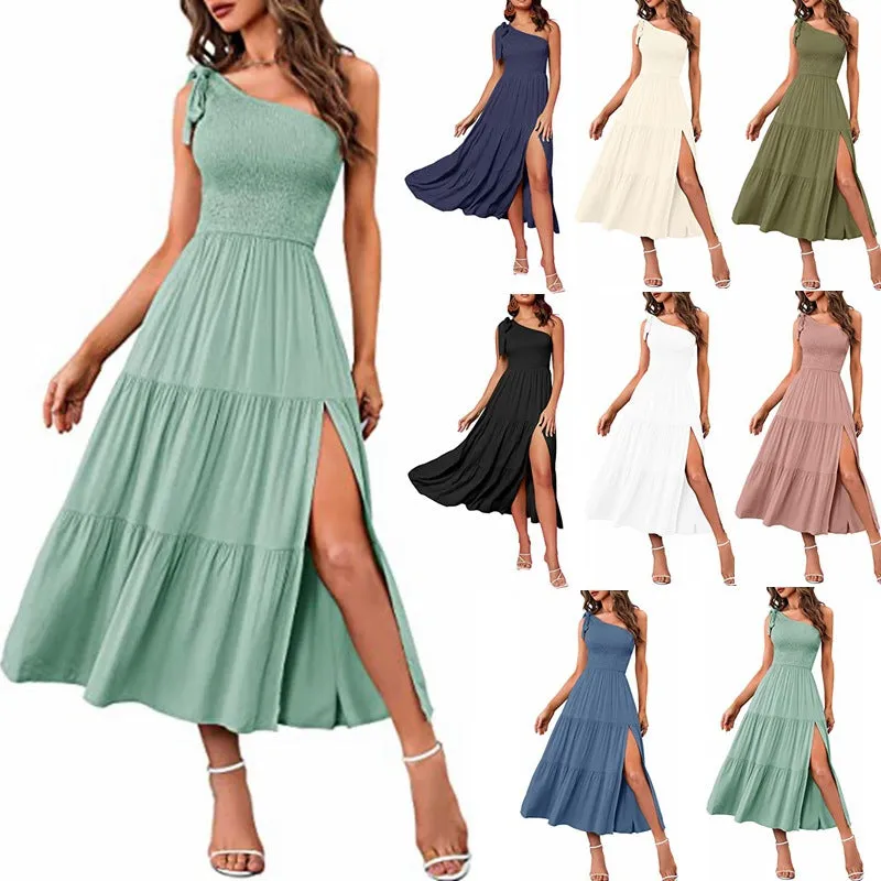 Women's One-shoulder Pleated Layered Hem Split summer outfit