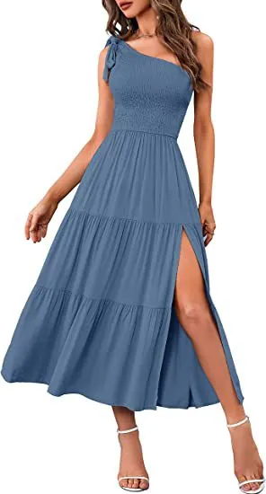 Women's One-shoulder Pleated Layered Hem Split summer outfit