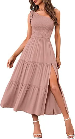 Women's One-shoulder Pleated Layered Hem Split summer outfit