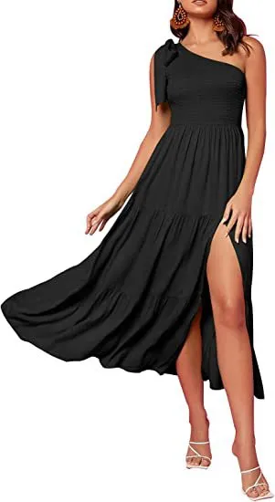 Women's One-shoulder Pleated Layered Hem Split summer outfit