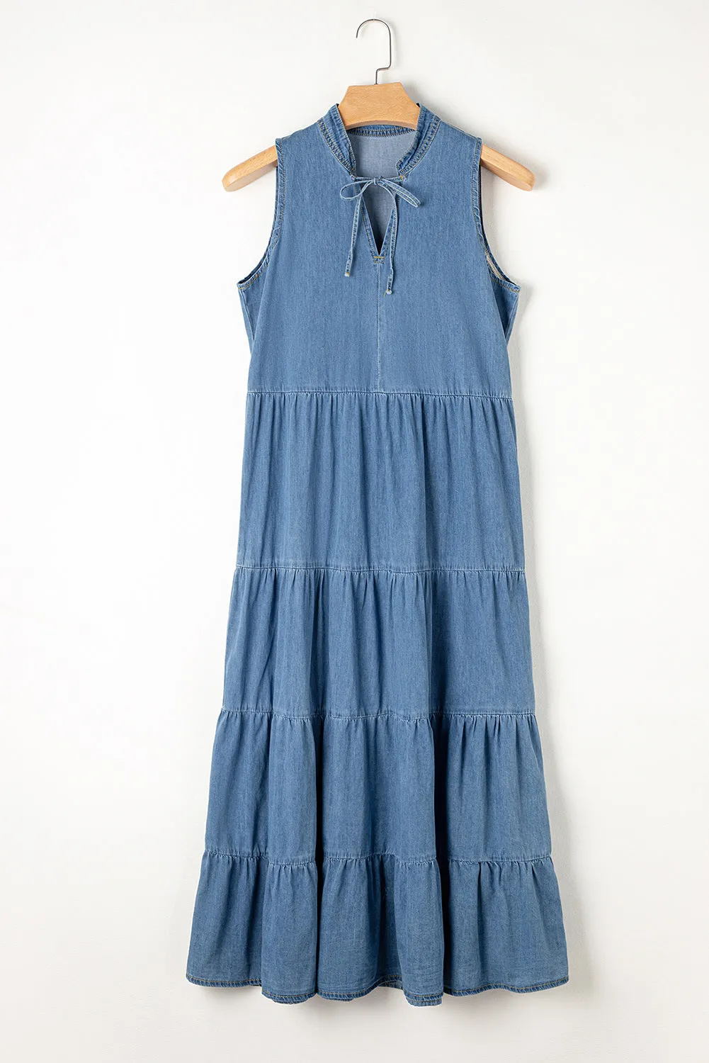 Women's Sleeveless Stand Collar Tiered Chambray Maxi Denim Dress