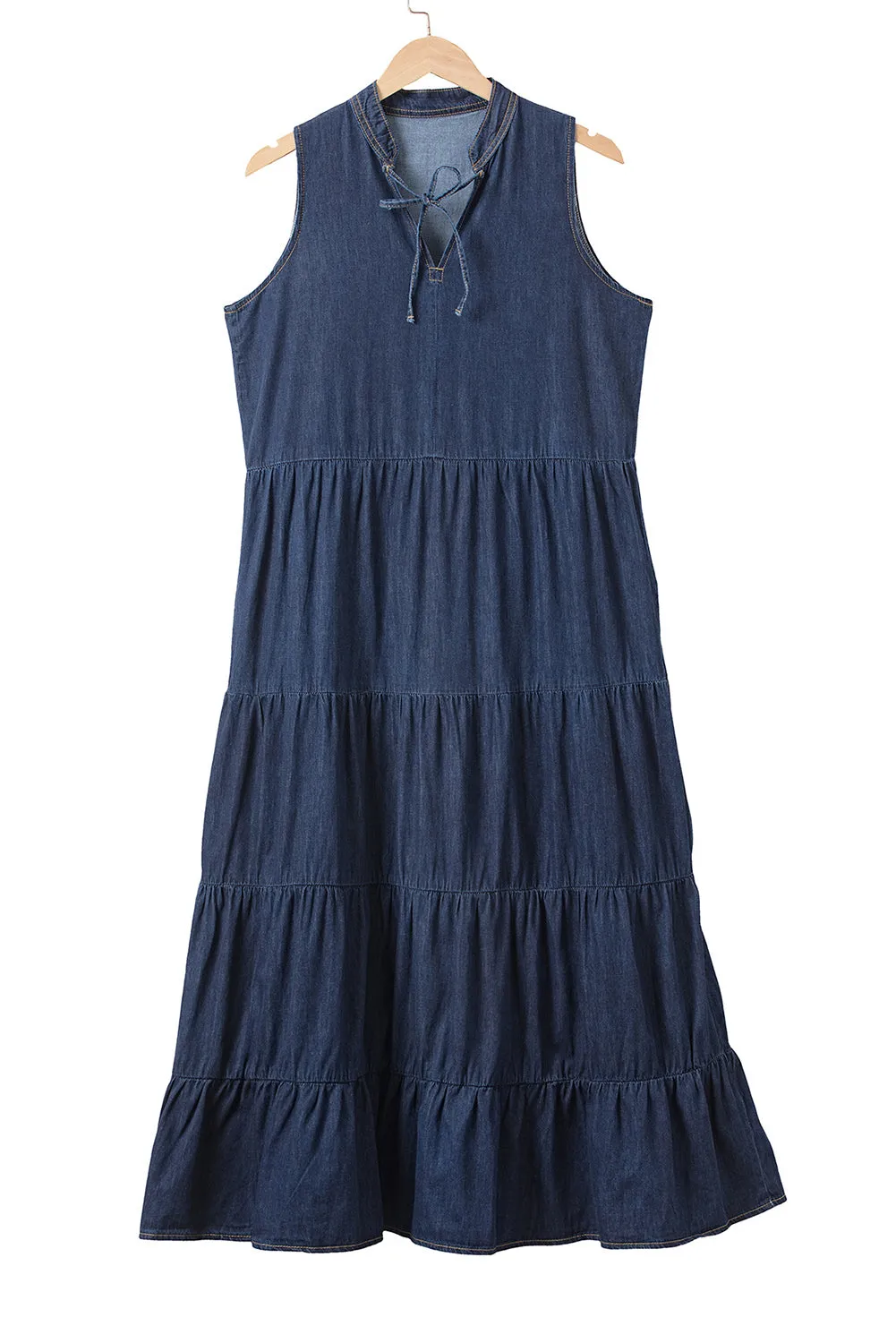 Women's Sleeveless Stand Collar Tiered Chambray Maxi Denim Dress