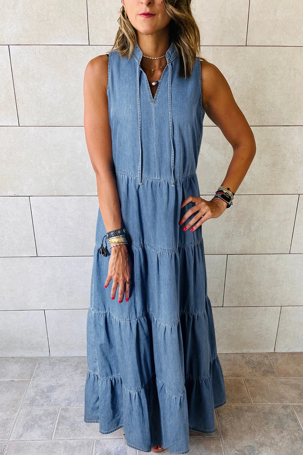 Women's Sleeveless Stand Collar Tiered Chambray Maxi Denim Dress