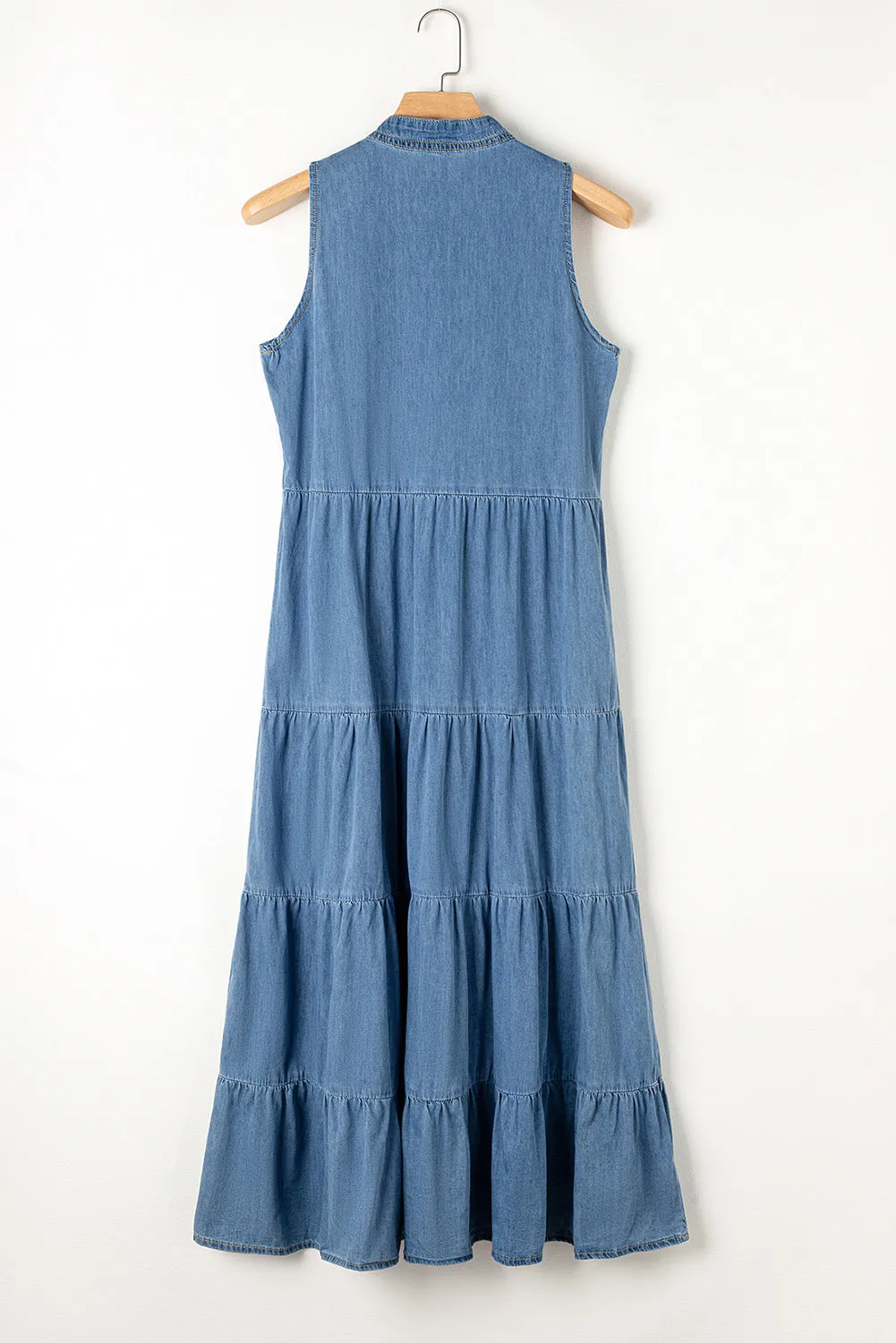 Women's Sleeveless Stand Collar Tiered Chambray Maxi Denim Dress