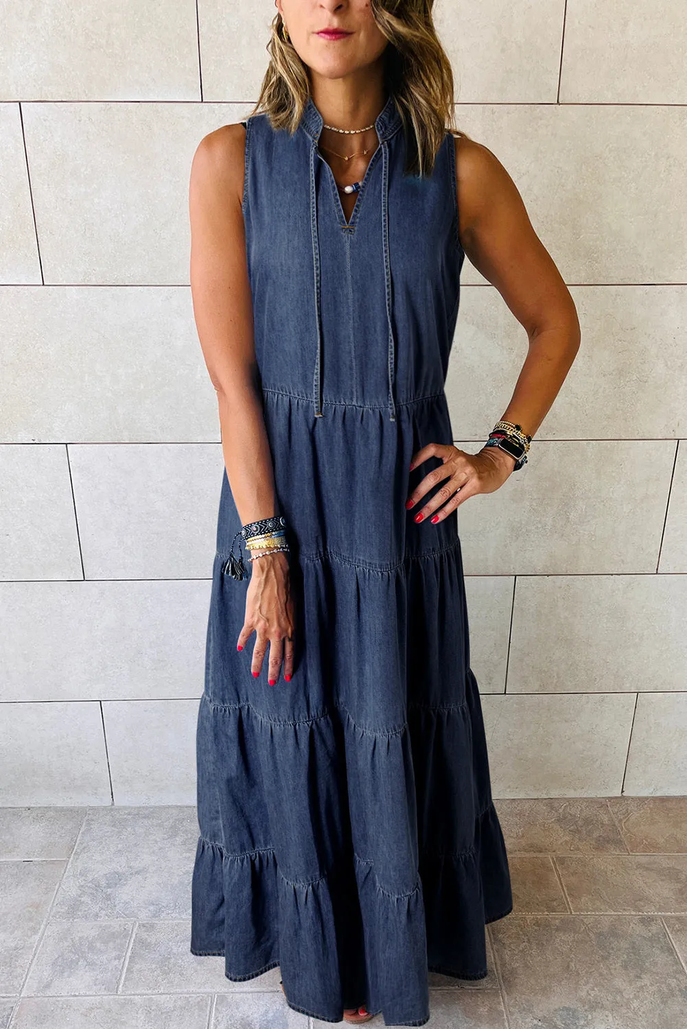 Women's Sleeveless Stand Collar Tiered Chambray Maxi Denim Dress