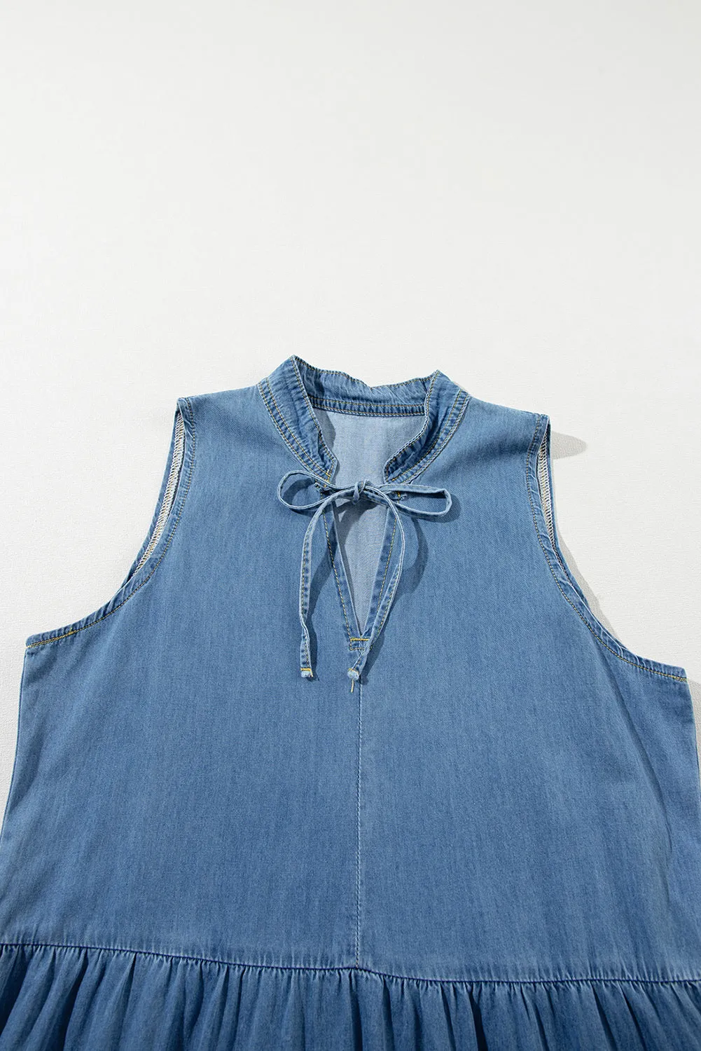 Women's Sleeveless Stand Collar Tiered Chambray Maxi Denim Dress