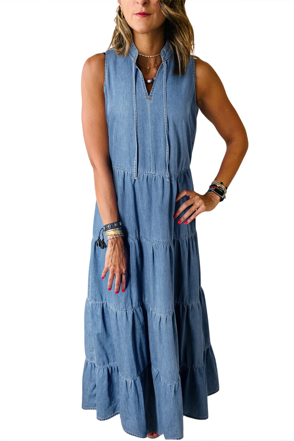 Women's Sleeveless Stand Collar Tiered Chambray Maxi Denim Dress