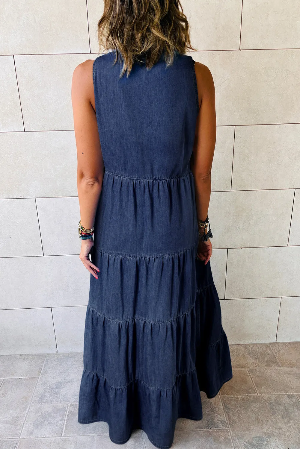 Women's Sleeveless Stand Collar Tiered Chambray Maxi Denim Dress