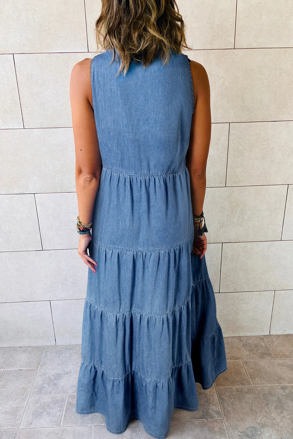 Women's Sleeveless Stand Collar Tiered Chambray Maxi Denim Dress