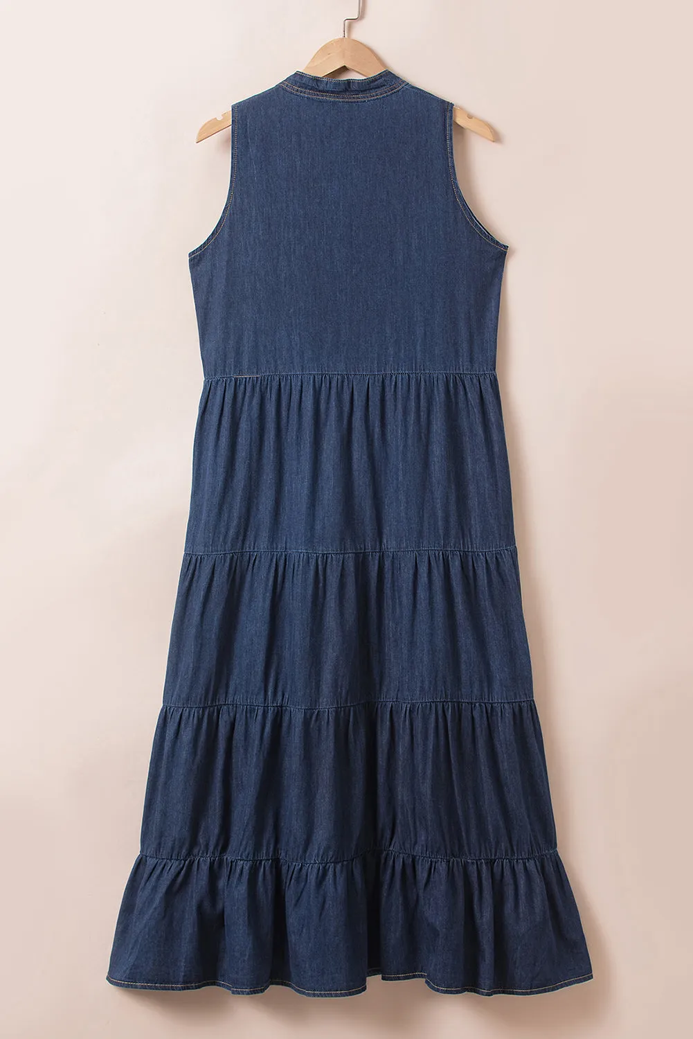 Women's Sleeveless Stand Collar Tiered Chambray Maxi Denim Dress