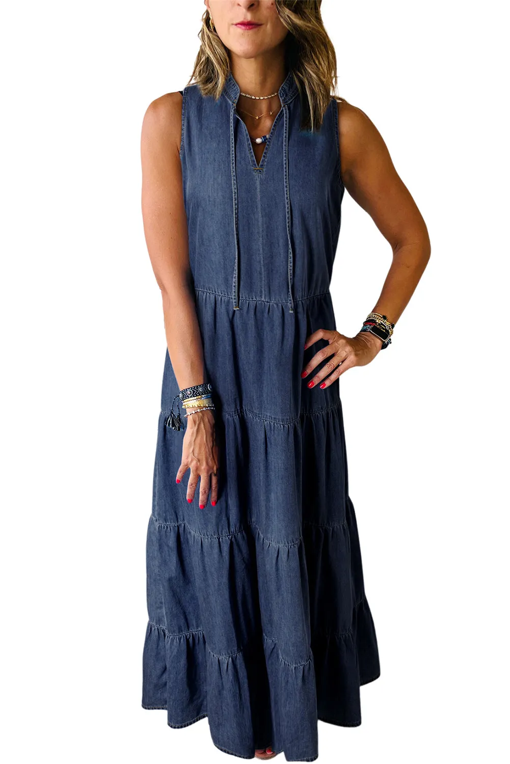 Women's Sleeveless Stand Collar Tiered Chambray Maxi Denim Dress