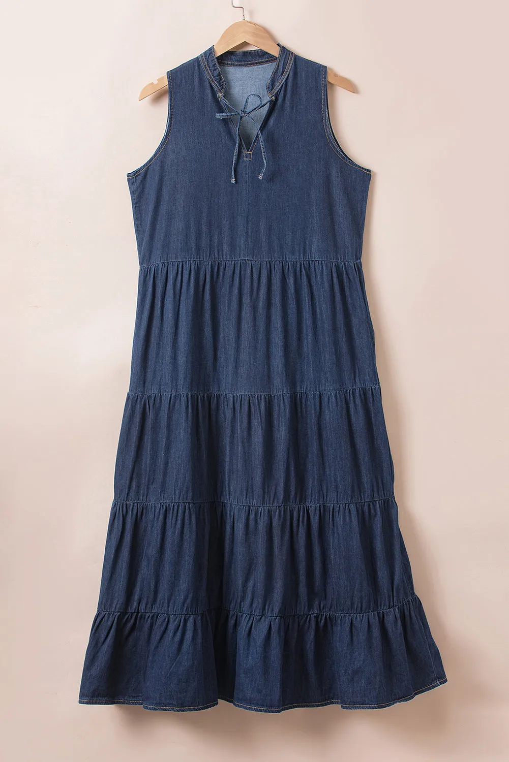 Women's Sleeveless Stand Collar Tiered Chambray Maxi Denim Dress