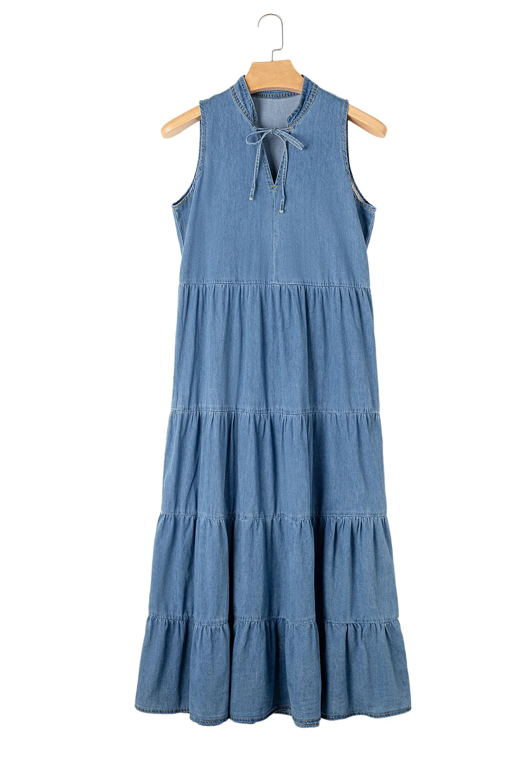 Women's Sleeveless Stand Collar Tiered Chambray Maxi Denim Dress