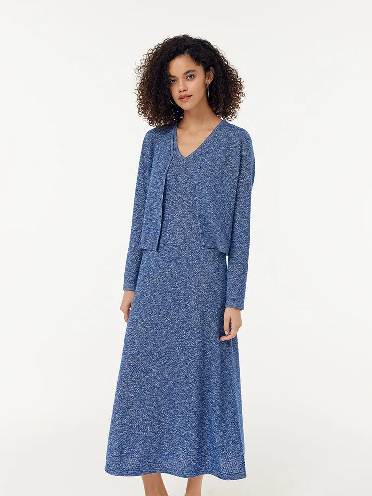 Wool Blend Knit Cardigan And Knit Vest Maxi Dress Two-Piece Set