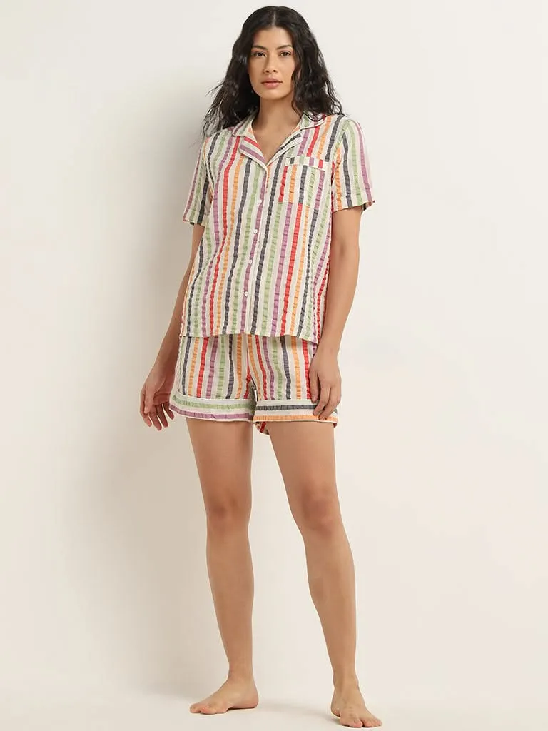 Wunderlove Multicolour Striped Cotton Shirt and Shorts Set